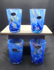 Murano Hand Blown Pinched Glass Blue Confetti Tumblers Set of 4