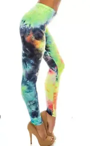 One Size Extra Plus Fits 22-28 Women Yellow Tie Dye Polyester Spandex Leggings