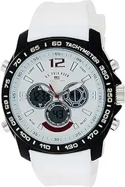 [Accutime] U.S. Polo Assn. Men's Chronograph Sport Watch – Ana-Digital Display with Tachymeter Bezel, Dual Time, Stopwatch & Alarm – White Silicone Strap – 46mm Case – Fits Wrists 5.5" to 8", White, Quartz
