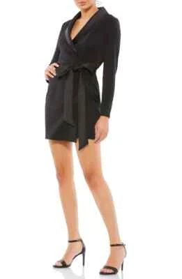 Mac Duggal Black Belted Long Sleeve Tuxedo Minidress Size 4 $348