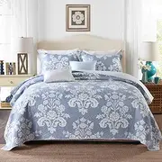 Luxury Quilted 100% Cotton Coverlet/Bedspread Set Quilt Queen King Size Bed 230x250cm Damask Blue Flower