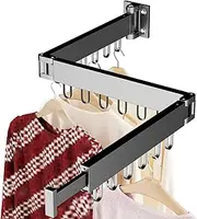 JAUREE Clothes Drying Rack Wall Mounted, Laundry Rack Collapsible, Space Saving Wall Drying Rack Clothing Foldable, Tri-Fold Retractable Rack Outdoor Indoor with 18 Hooks, Black