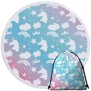 White Silhouettes Clouds and Unicorns Round Beach Towel