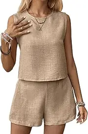 Cnlinkco Women's 2 Piece Sets Casual Sleeveless Matching Pullover Tops Matching Shorts
