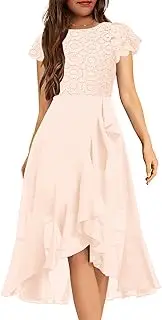 [HOSIKA] Girls Vintage Lace Chiffon Ruffle Sleeve A-Line Wedding Party Junior Bridesmaid Dress for Kids 6-12 Years
