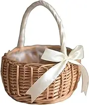 White Flower Girl Basket with Handle Woven Willow Basket Wicker Rattan Flower Basket Hamper Basket Candy Storage Basket for Wedding Camping,Flower Girl Basket Wicker Basket with Handle
