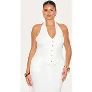 Plus White Tailored Woven Backless Halterneck Waistcoat, White