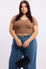 Brown T-shirt Short Sleeve V-Neck Seamless