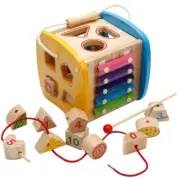 Wooden Activity Cube Xylophone Rope Shape Sorting Kids Education Learning Toys