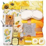 Sunflower Birthday Pamper Gifts for Women - Get Well Soon Self Care Package for Mum Friends Sister Wife, Relaxation Bath Spa Gift Basket with Blanket Makeup Bag and Scented Candles