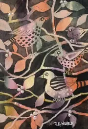 Pamela Wilhelm Original Loose Ink & Watercolor 5”x7” Birds Berries Abstract