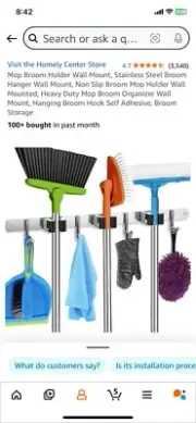 3 Slots 4 Hooks Broom Holder and Garden Tool Garage Organizer Rake Mop Wall 16”