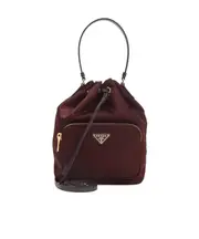 Prada Logo Plaque Drawstring Bucket Bag One size wine red