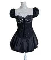 NWT For Love & Lemons Mckenna Mini Bubble Hem Lace Bustier Dress Black X-Large