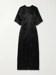 [Loulou de Saison] Loulou de Saison - Ruby Linen And Silk-blend Satin Midi Dress - Black - x small x small Black