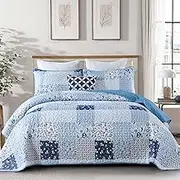 Menghomeus Blue Quilt Set King Boho Patchwork Bedspread Floral Coverlet Reversible Bed Quilt Set All Season Soft Microfiber Bedding Farmhouse Bed Sets, 104"x90"