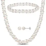 Amour Silver 6-8mm FW Button Pearl Strand Necklace, Bracelet and Stud Earrings