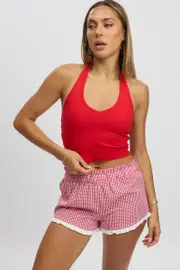 Red Check Shorts Mini Frilled Hem - Size 10S, Women's Shorts