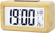 Wooden Digital Alarm Clock, Large LED Display, 12/24 Hours Display,Smart Sensor Night Light,Date,Snooze and Temperature, Battery Operated,Bedside Alarm Clock for Bedroom, Desk Alarm Clock for Office
