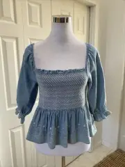 NWT American Eagle Chambray Smocked Embroidery Peasant XS $49.95