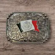 Cowboy Belt Buckle For Man - Mexican Flag 4 1/4"x3 1/8" Gold Copper Tone/Silver