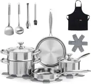 Pots and Pans Sets, 16-Piece Stainless Steel Cookware Set with Steamer, Non-Tox