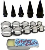 [Zaya Body Jewelry] 15 Pc Huge Tapers Ear Stretching Kit Black Tapers and Surgical Steel Tunnels 0g-1 inch Holey Butt'r