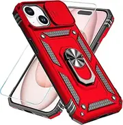 SunStory for iPhone 15 Case with HD Screen Protector & Slide Camera Cover & Kickstand, iPhone 15 Phone Case [Military-Grade] Case for iPhone 15 (Red)