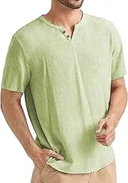 [Aosufei] Men's Linen Regular Fit T-Shirt Notched Neck Button Up T-Shirt Casual Breathable Loose T-Shirts