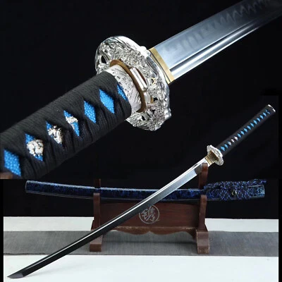 Blue Katana Clay Tempered 1095 Steel Japanese Samurai Sharp Sword Razor Sharp