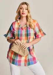 [Taking Shape] Taking Shape Linen Blend Pleat Detail Top Size 14 in Orange / Multi - Plus Size Women's Clothing Orange / Multi