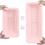Blue Ginkgo Over The Sink Colander Strainer Basket - Wash Vegetables and Fruits, Drain Cooked Pasta and Dry Dishes - Extendable - New Home Kitchen Essentials (7.9 W x 14.5-19.5 L x 2.75 H) (Pink)