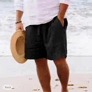 Men's Summer Cotton Linen Shorts Breathable Solid Black Drawstring Plus Size Beach Shorts Lightweight Casual Short Pants