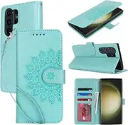 [Cavor] Wallet Case for Samsung Galaxy S23 Ultra 6.8'' PU Leather Case Magnetic 3D Embossed Flower Women Flip Kickstand with Card Holder Wristlet Hand Strap Protective Cover-Flower Light Green