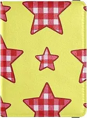 [Amooorous] Cartoon Checkered Plaid Stars Yellow and Red Leather decorative Passport Holder Cover Wallet Travel Documents Organizer Protector Passport Cover with RFID Blocking Lightweight, Cartoon Checkered plaid