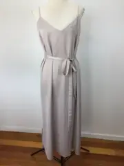 ASOS SIZE 14 WOMENS SILKY GREY MIDI LENGTH WAIST TIE BELT SIDE SPLITS DRESS NEW