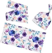 ERINGOGO 3pc Newborn Floral Headband Turban Baby Swaddle Set Baby Printing Headwraps Hat Turban Newborn Headband Swaddle Blankets (Flower)