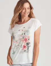 MILLERS - Womens Winter Tops - White Blouse / Shirt - Floral - Casual Clothes - Butterfly Placement - Relaxed Fit - Short Sleeve - Crew Neck Lace Trim