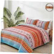 Boho Quilt Set Queen Size,3 Piece Orange Bohemian Striped Bedspread Coverlet