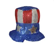 USA SEQUINED TOP HAT Sequins Uncle Sam Cap Clown Adult Stars Red White Blue