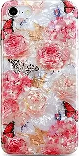 Qokey for iPhone SE Case,iPhone 8 Case,iPhone 7 Case, Cute Crystal Clear Floral Shell Pattern Case for Girls Women, Soft Bumper Anti-Scratch Shockproof Cover for 7/8/SE 4.7", Rose Butterfly