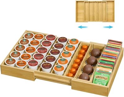 Coffee Pod Holder Drawer, Bamboo K Cup Holder Compatible with Nespresso Vertuo C