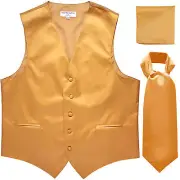 New Men's gold vest Tuxedo Waistcoat self tied ascot hankie set wedding prom