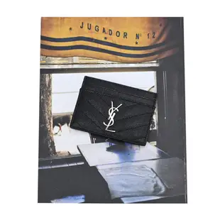 YSL MONOGRAM系列V字縫線魚子醬牛皮名片夾(黑/銀)｜100%原廠真品｜JS Maxx官方旗艦館