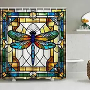 Stained Glass Dragonfly Bathroom Deco Shower Curtain with Hooks Bathroom Decor Waterproof Fabric Shower Curtain Set with12 Pack Plastic Hooks