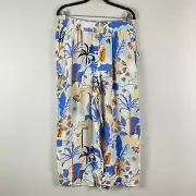 Nicole Miller New York 100% Linen Wide Leg Crop Pants L Tropical Floral Pull On