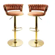 SERENITà Brown Golden Velvet Seat Kitchen Breakfast Bar Stools Counter Height Barstools with Back Cushioned Chairs for Home Bar x2