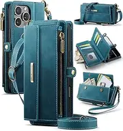 XIMAND for iPhone 16 Pro Wallet Case with 9 Card Slots RFID Blocking Magnetic Closure Zipper Cash Bills Pocket, PU Leather with Crossbody Wristlet Strap - Green