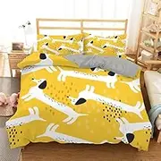 Child Puppy Dog Duvet Cover,Cute Dachshund Bedding Set White Sausage Dog Print Quilt Cover Animal Theme Yellow Quilt Cover Set for Kids Boys Girl,King(245x210cm)