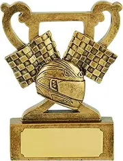 SilverTrophy: Motorsport Racing Mini Cup Trophy Award - Racing Party Prize, F1 Events, Mechanics, Engineers, Chequered Flag, Helmet, Go Kart Raceway, Kids Party.